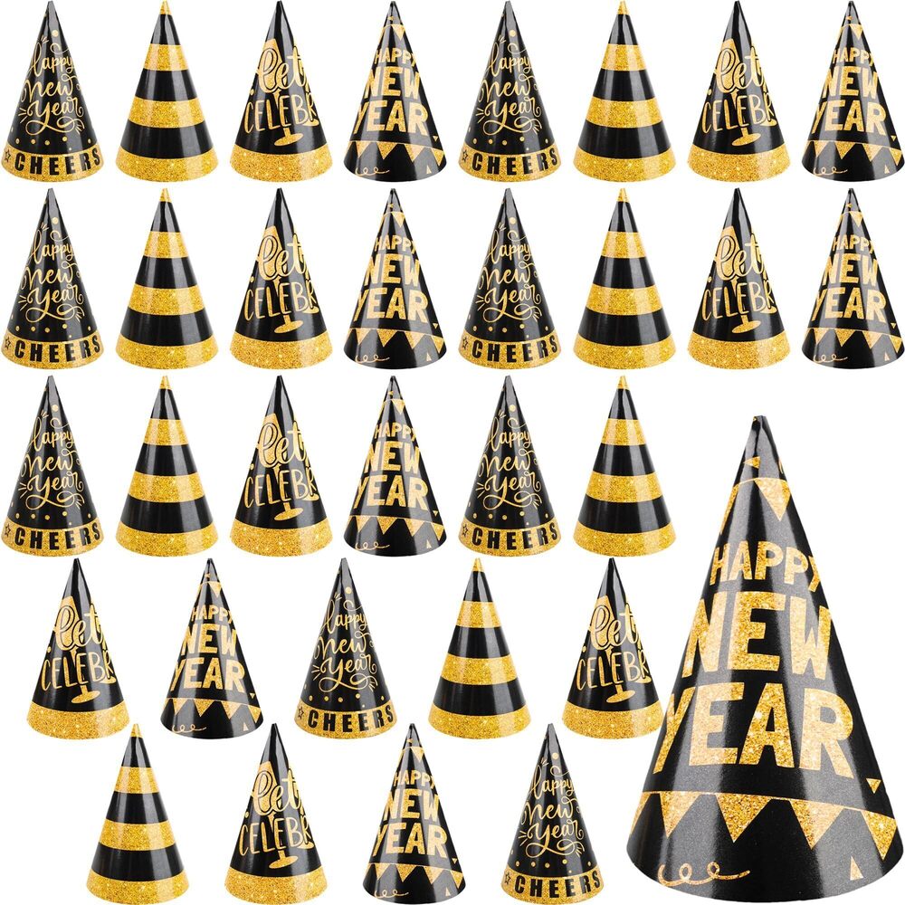9386 32 Pcs Happy New Year Party Hats Glitter Paper New Years Cone Hats